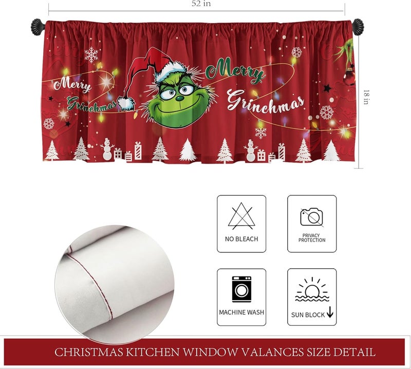 SUNWISHA Christmas Valance Curtains 52x18 inch - Designed with Playful Green Monster - Kitchen/Bathroom Winter Decor - Rod Pocket Valances for Holiday Homes Red - Image 2